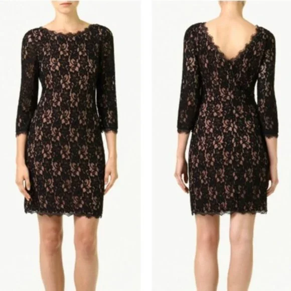 black lace chiffon dress A-Line High Neck Long Sleeve Lace Chiffon Illusion Dress With Applique   DorrisDress